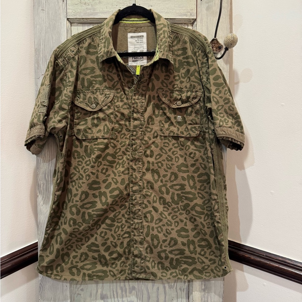 Parish Nation 2006 Green Army Camo Short Sleeve Shirt Men's Patches Logo xxl